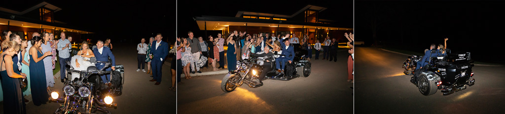 bride and groom leaving events center on trike