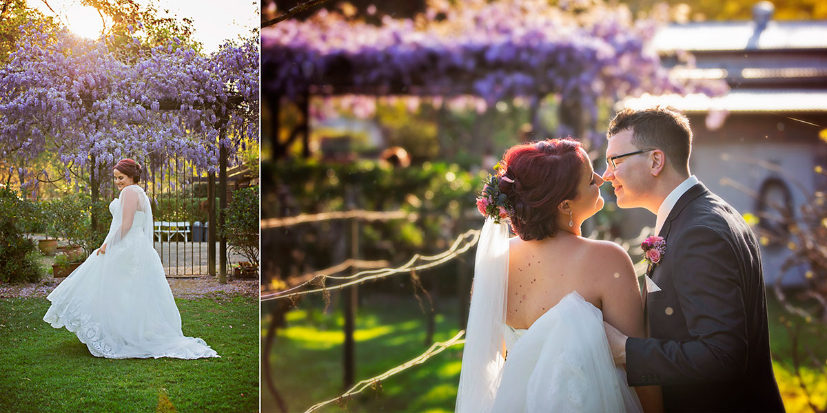 spring wedding at firescreek winery matcham bride and groom in the gardens
