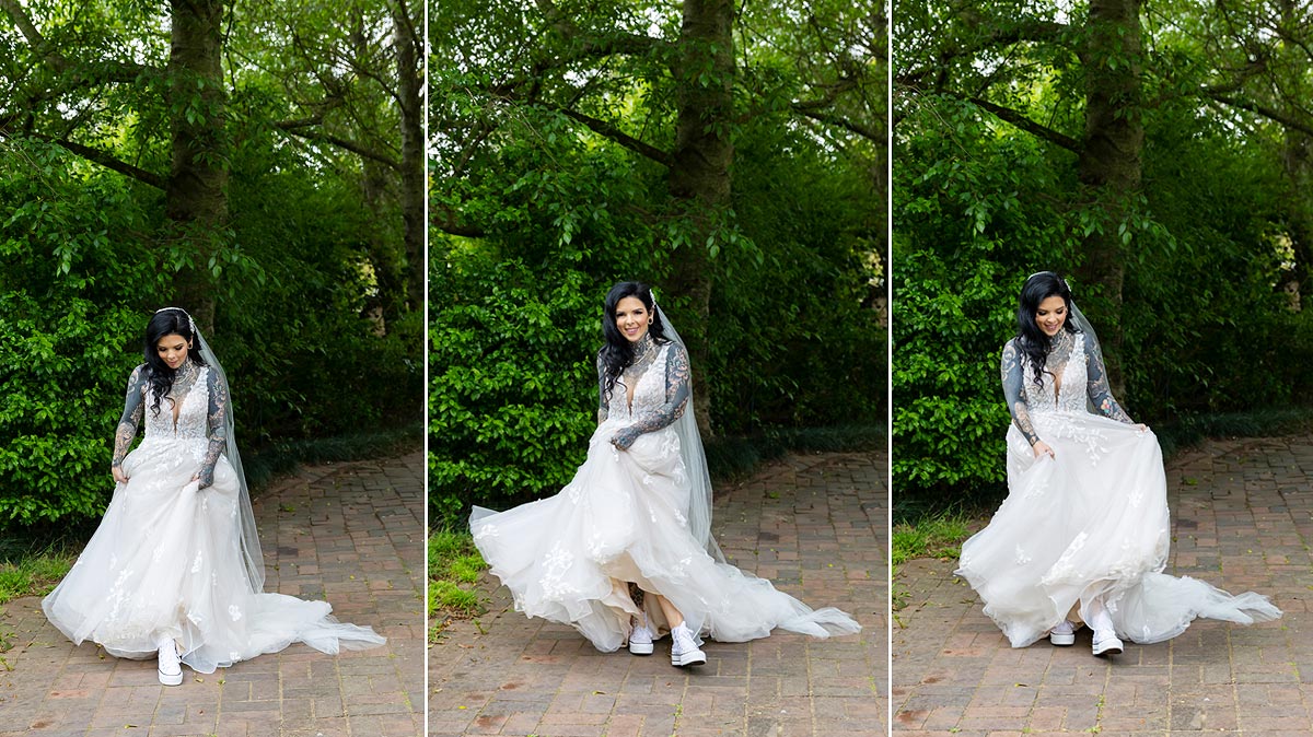bride twirling in her converse shoes connies