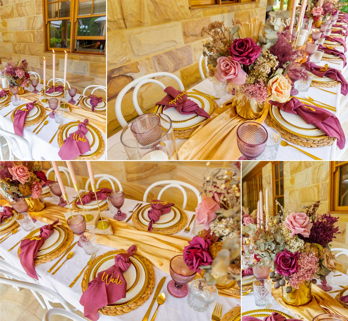 reception table details central coast gold and burgundy