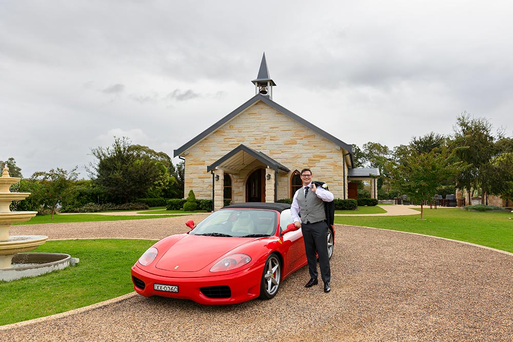 groom with wedding car ferrari 360