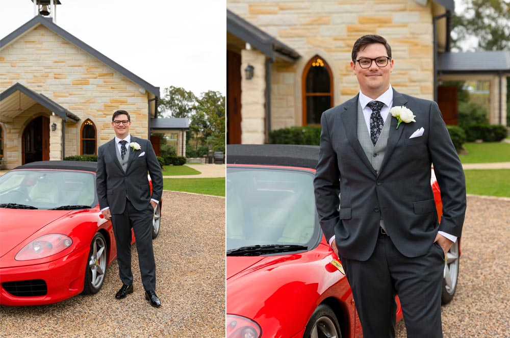 groom at peterson house with his red ferrari 360 wedding car